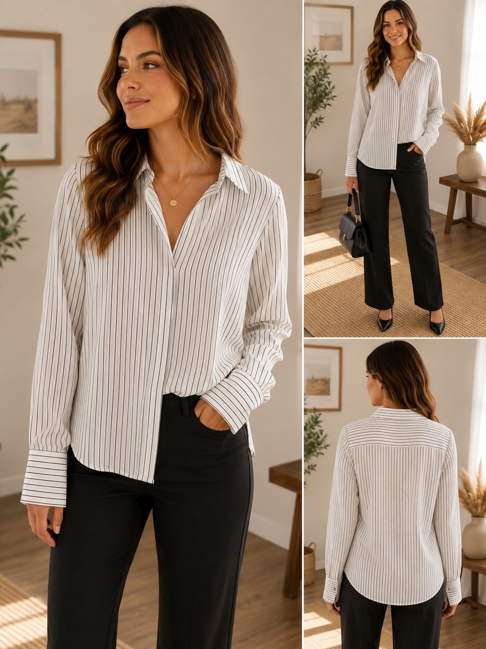 Worthington White Button-Front Shirt with Black Pinstripes